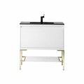 James Martin Vanities 35.4'' Single Vanity, Glossy White, Champagne Brass Base w/ Charcoal Black Composite Stone Top 805-V35.4-GW-CB-CH
